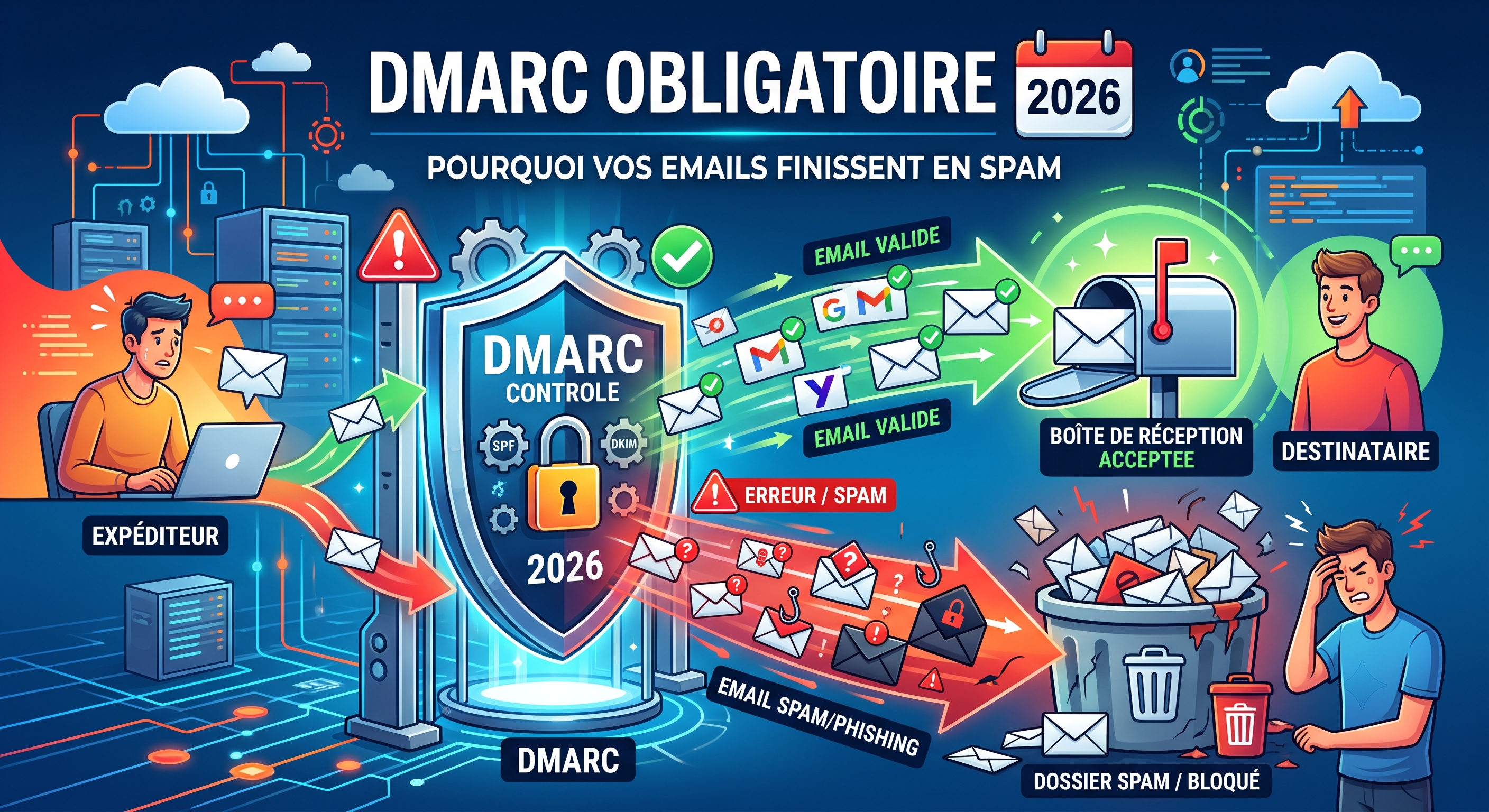 Tableau de bord DMARC montrant rapports d'authentification email, politique p=reject et alignement SPF DKIM pour PME
