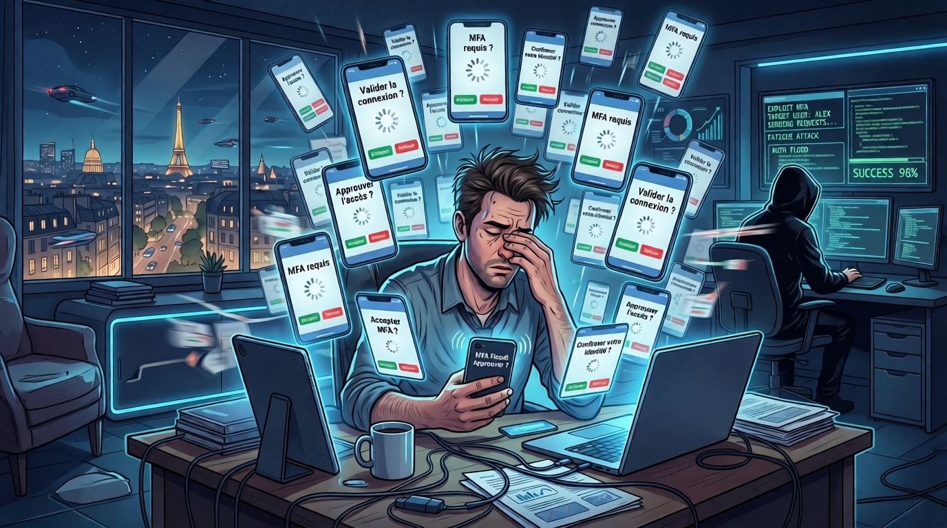 Schéma d'une MFA fatigue attack ciblant un collaborateur de PME française avec notifications push 2FA répétées en 2026