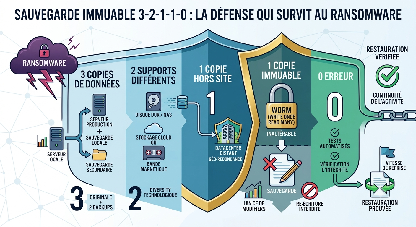 Schéma architecture sauvegarde immuable 3-2-1-1-0 anti-ransomware pour PME française avec Object Lock S3 et air-gap