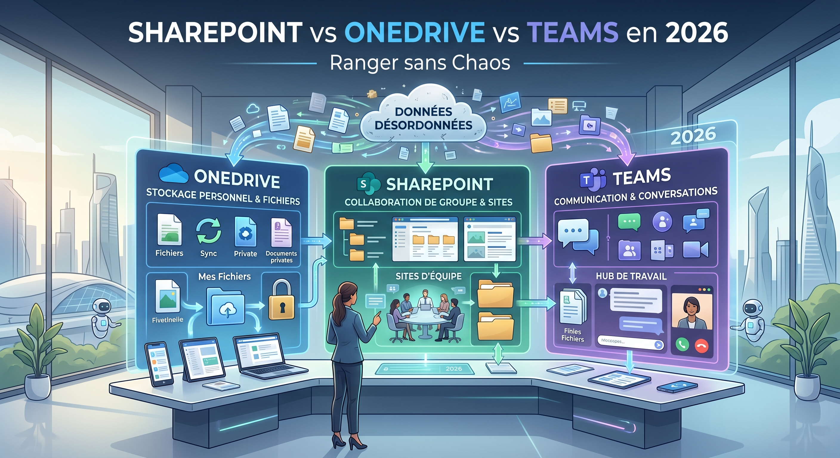 Schéma comparatif SharePoint OneDrive Teams 2026, règle de tri documentaire Microsoft 365 pour PME française