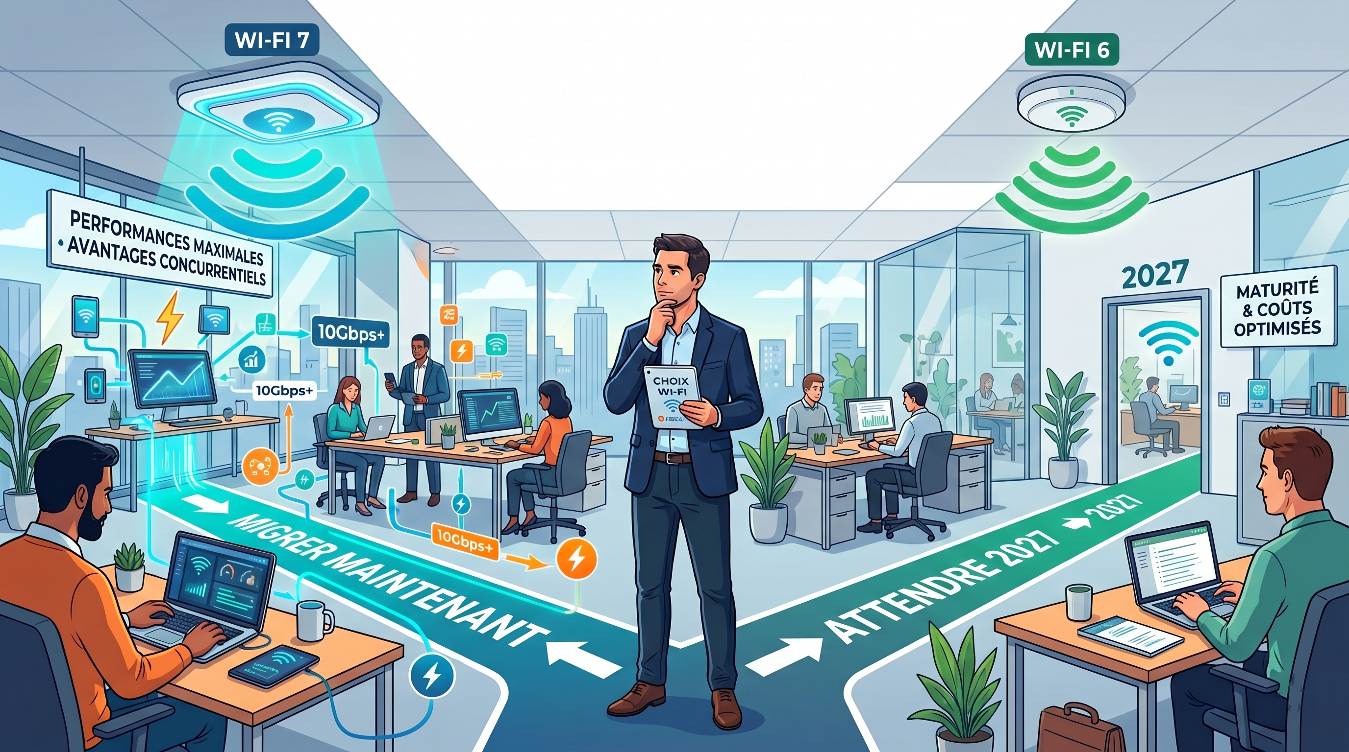 Point d'accès Wi-Fi 7 professionnel 802.11be installé en PME française avec switch PoE multi-gigabit, migration 2026